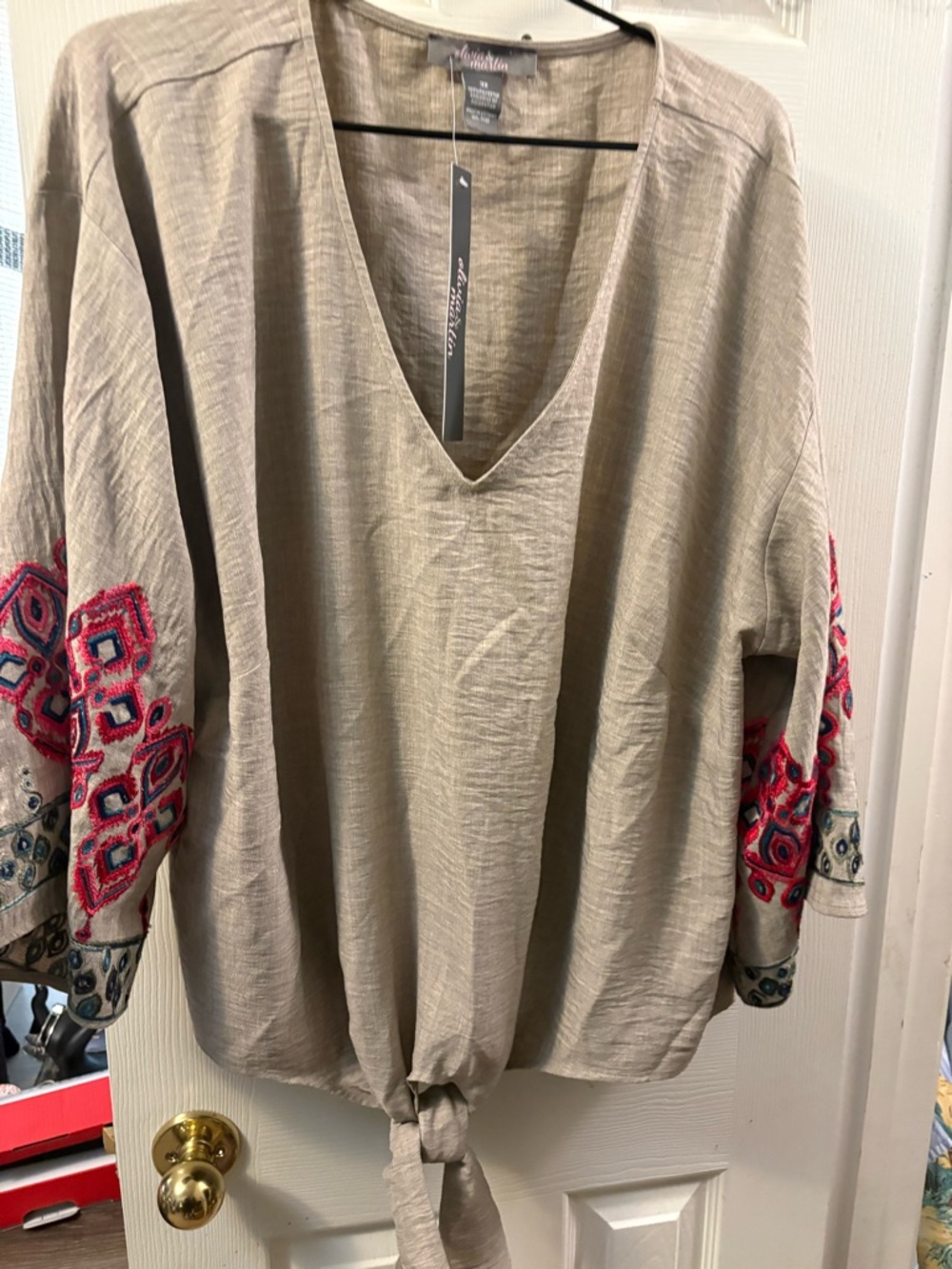 New Soft Olivia & Martin V-Neck Tie-Hem Embroidered Sleeve Top - Taupe - Picture 3 of 11